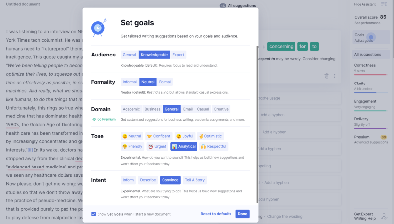 Grammerly Settings AI Writing Assistant